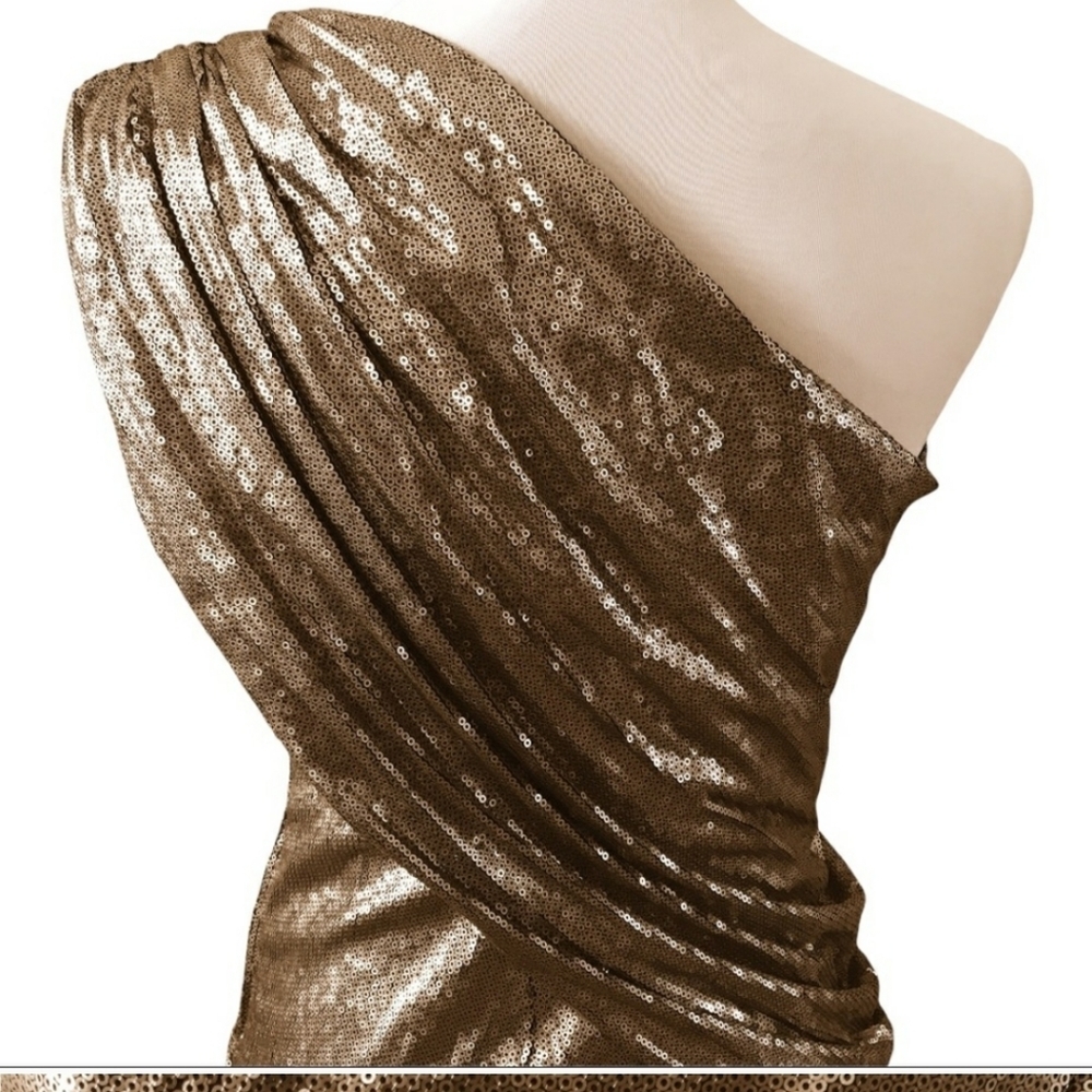 Tadashi Shoji Timeless Gold Metallic One Shoulder Dress Designer Red Carpet - Picture 7 of 14